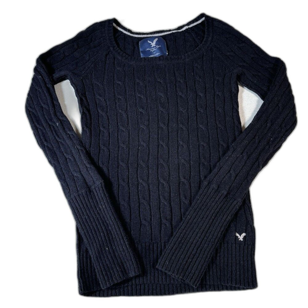 Y2K American Eagle Sweater Womens Small Slim Black Cable Knit Schoolgirl Preppy